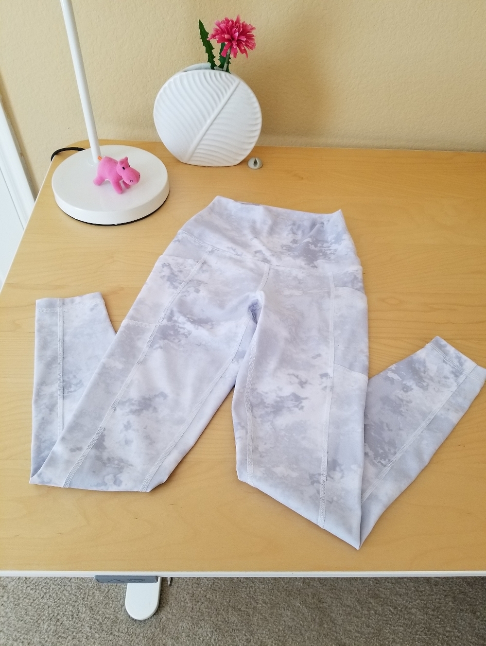 90 Degree By Reflex Light Gray Marble Pattern Side Pockets Leggings Women XS